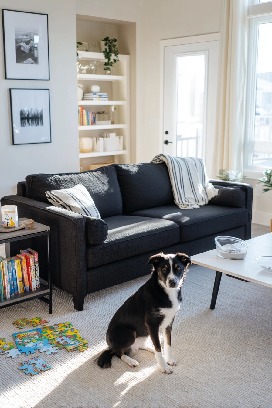 6. Pet-Friendly Black and White Family Room
