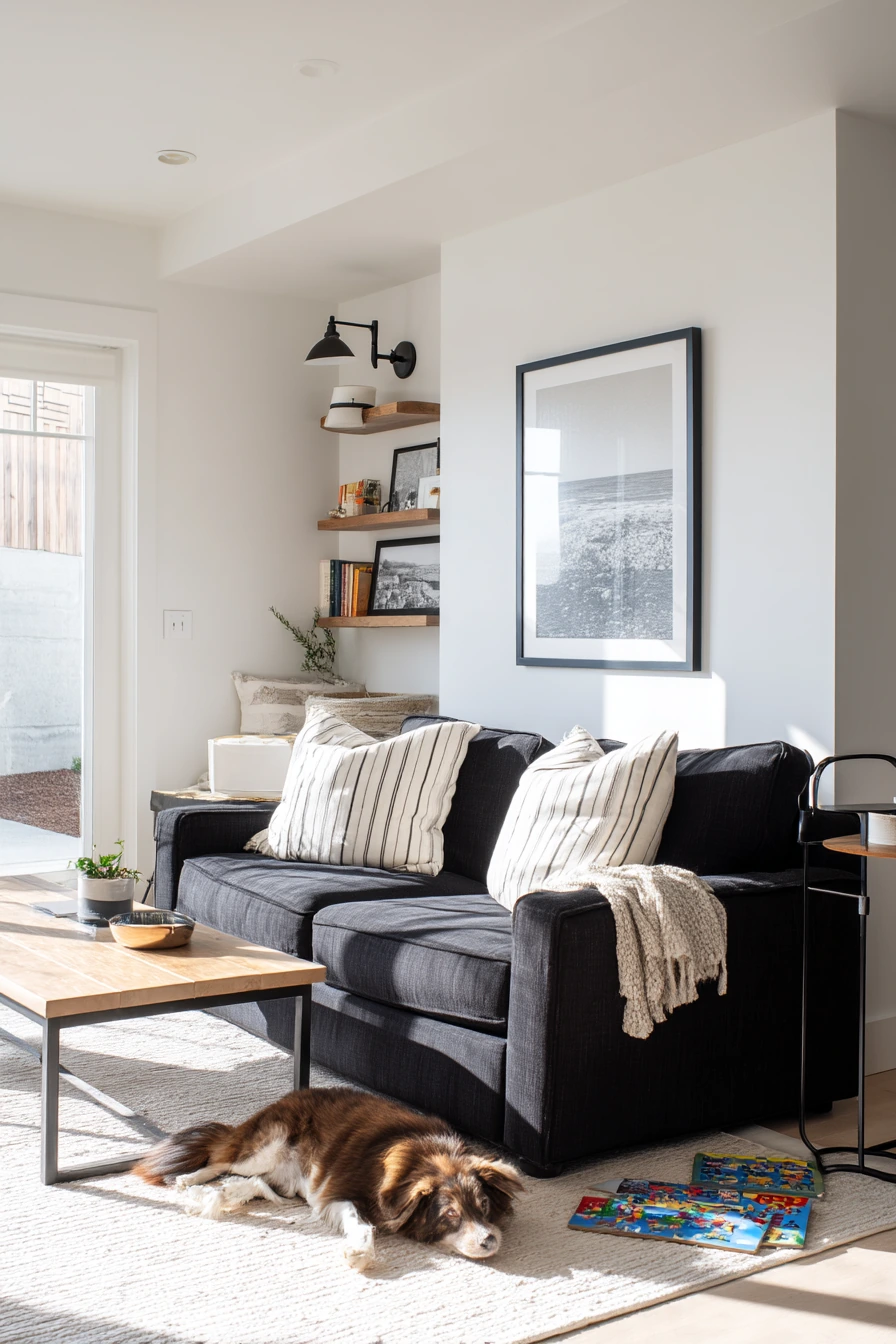 6. Pet-Friendly Black and White Family Room