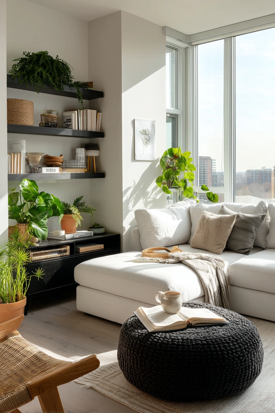 8. Black and White Living Room With Plants