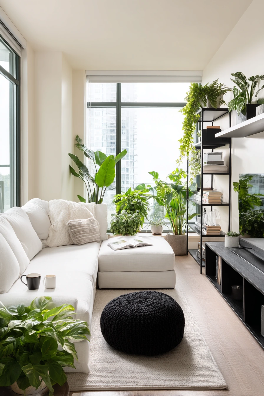 8. Black and White Living Room With Plants