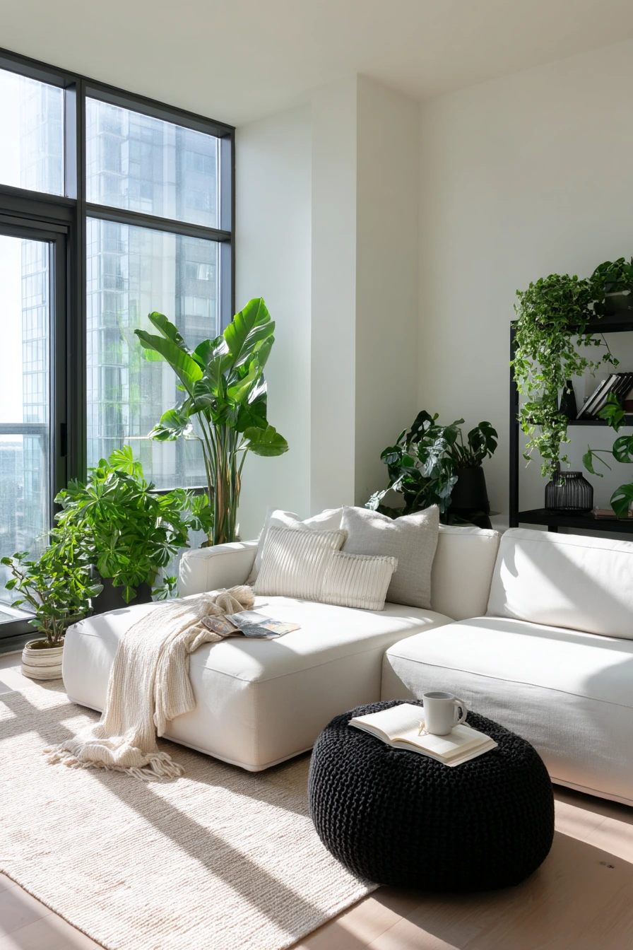 8. Black and White Living Room With Plants