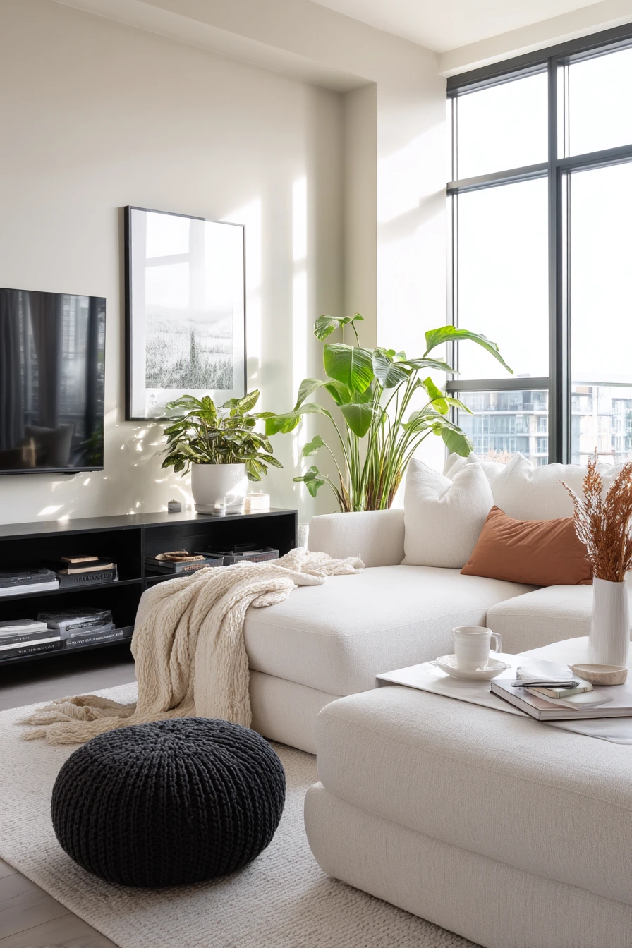 8. Black and White Living Room With Plants