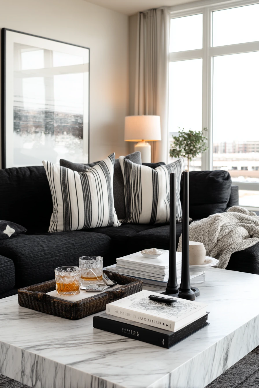10. Monochrome Entertaining Living Room