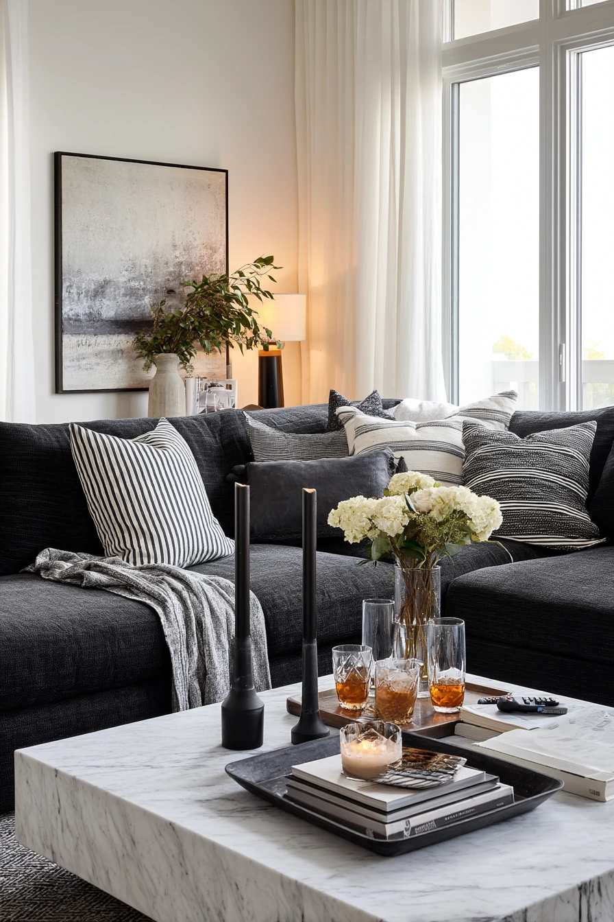 10. Monochrome Entertaining Living Room