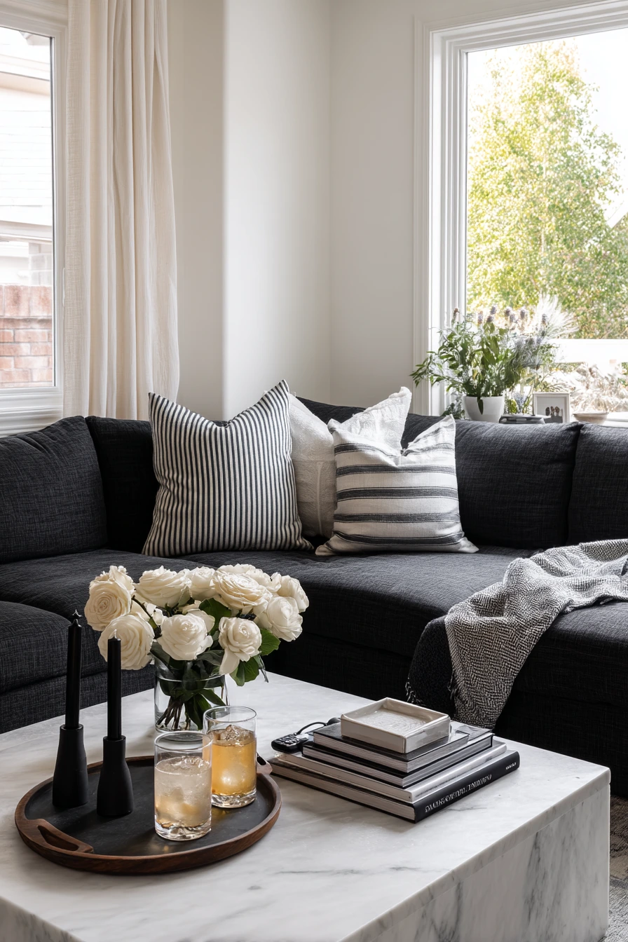 10. Monochrome Entertaining Living Room