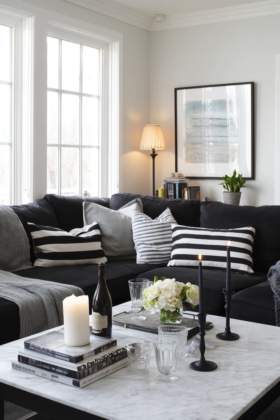 10. Monochrome Entertaining Living Room
