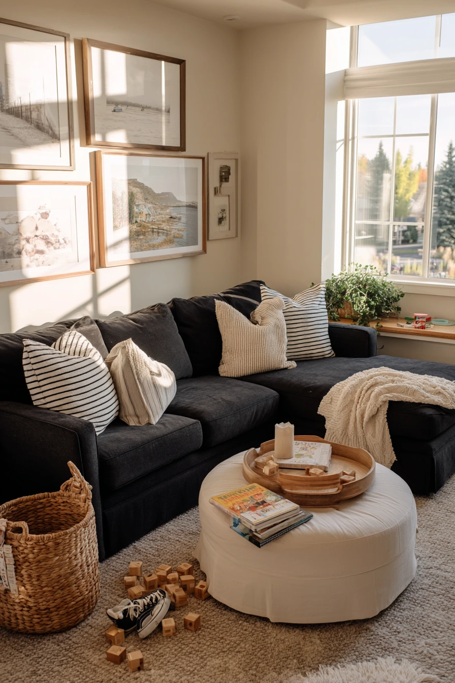 2. Family-Friendly Black and White Living Room