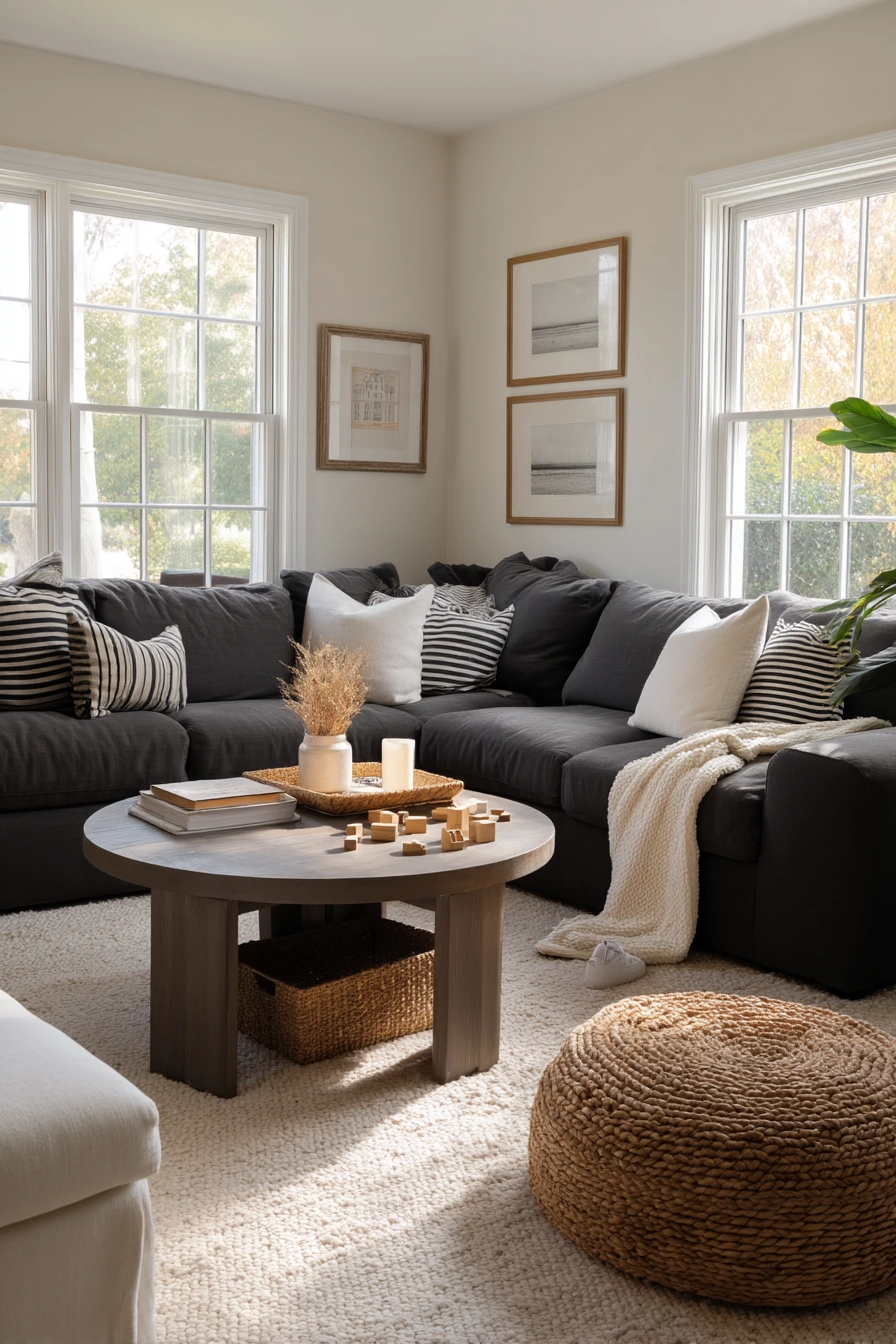 2. Family-Friendly Black and White Living Room