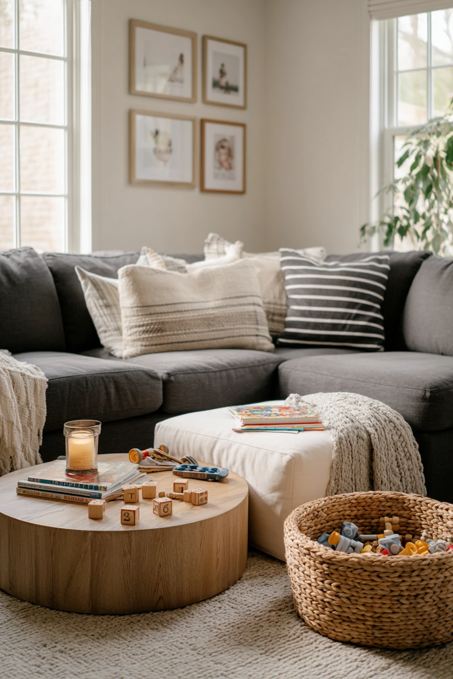 2. Family-Friendly Black and White Living Room