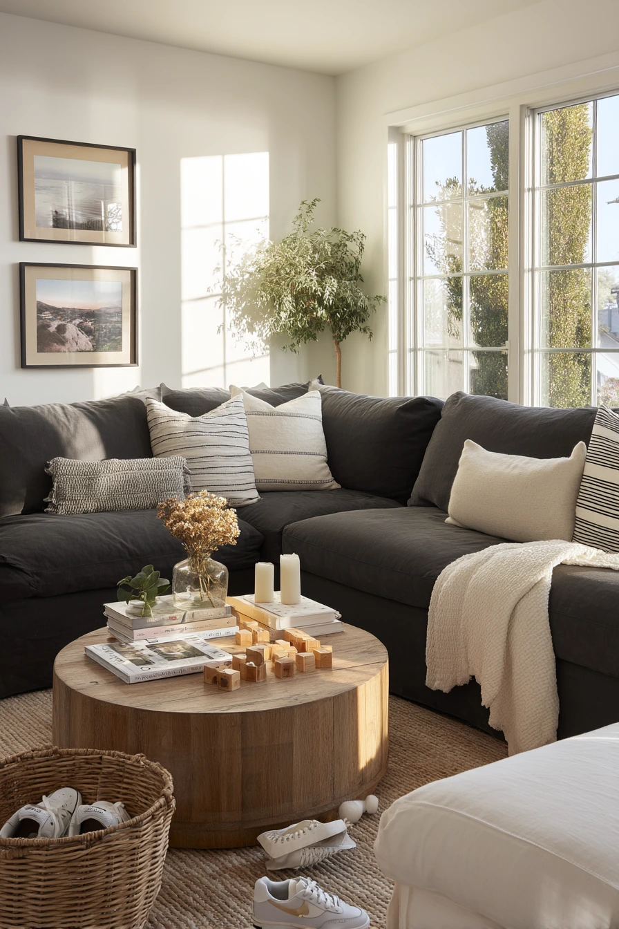 2. Family-Friendly Black and White Living Room
