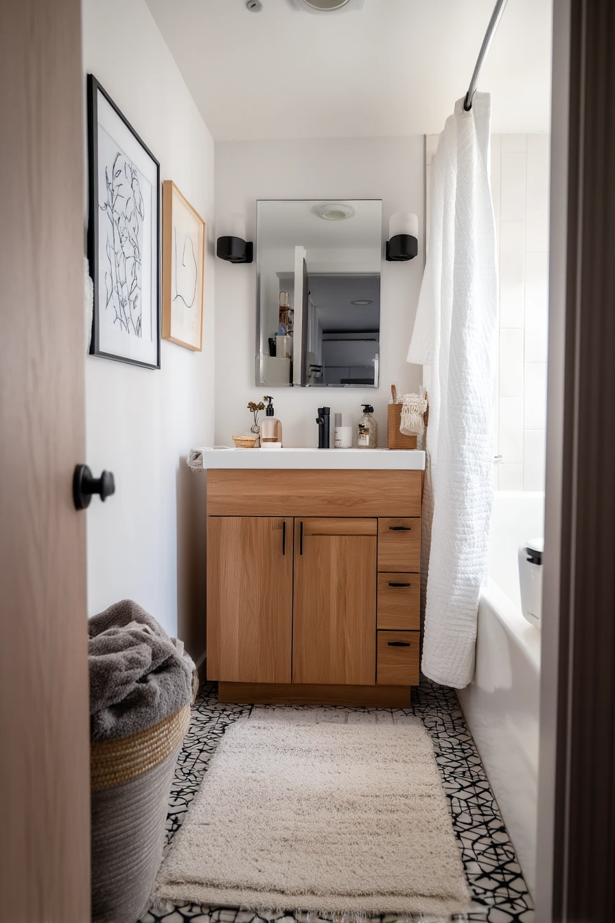 Rental-Friendly Black Accents over Warm Wood