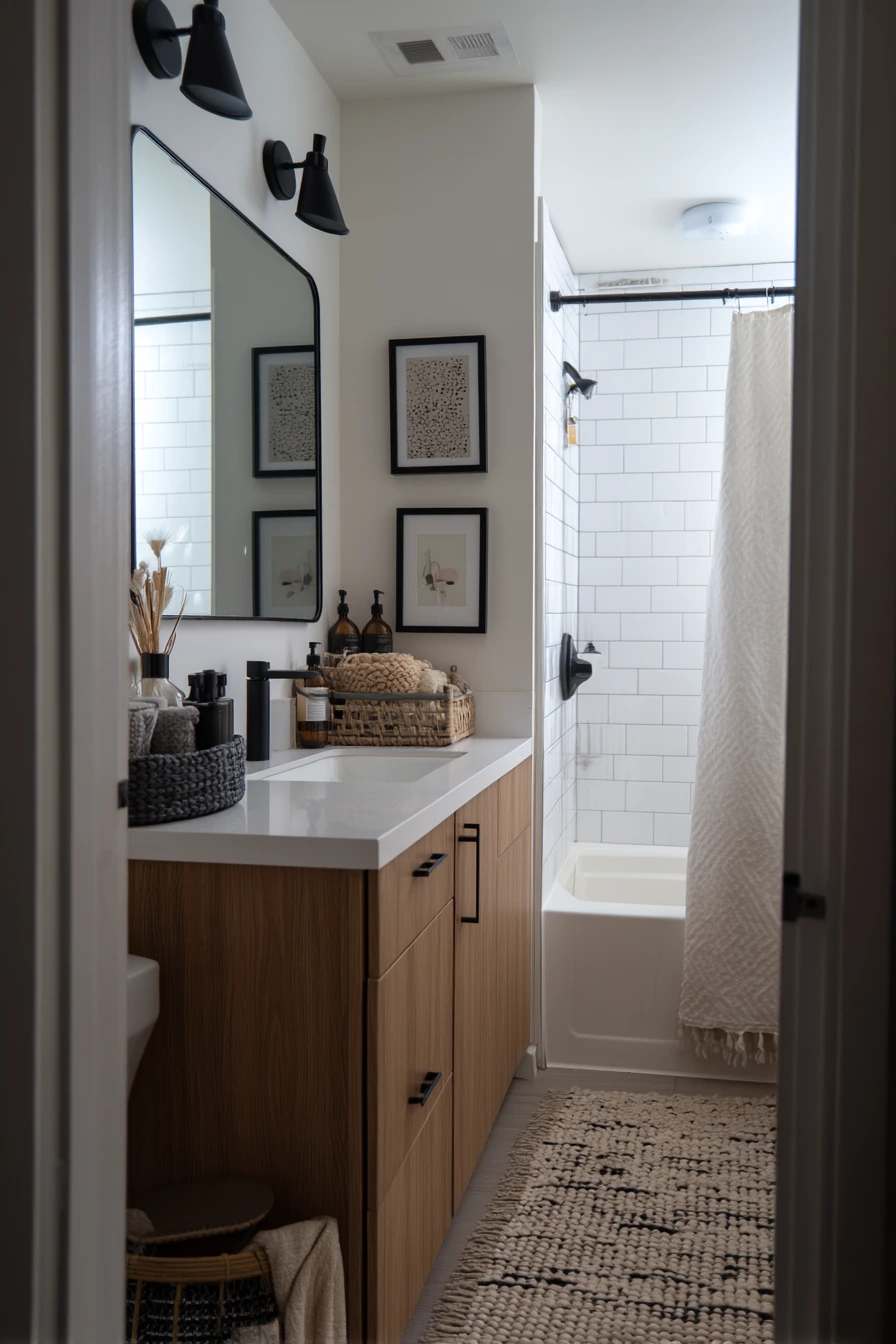 Rental-Friendly Black Accents over Warm Wood