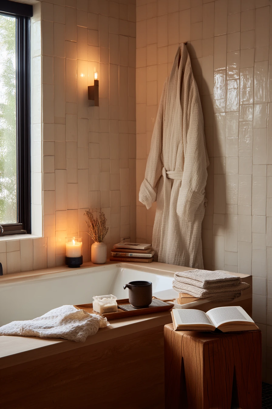 Spa-Like Soak with Black Tile and Cedar Warmth