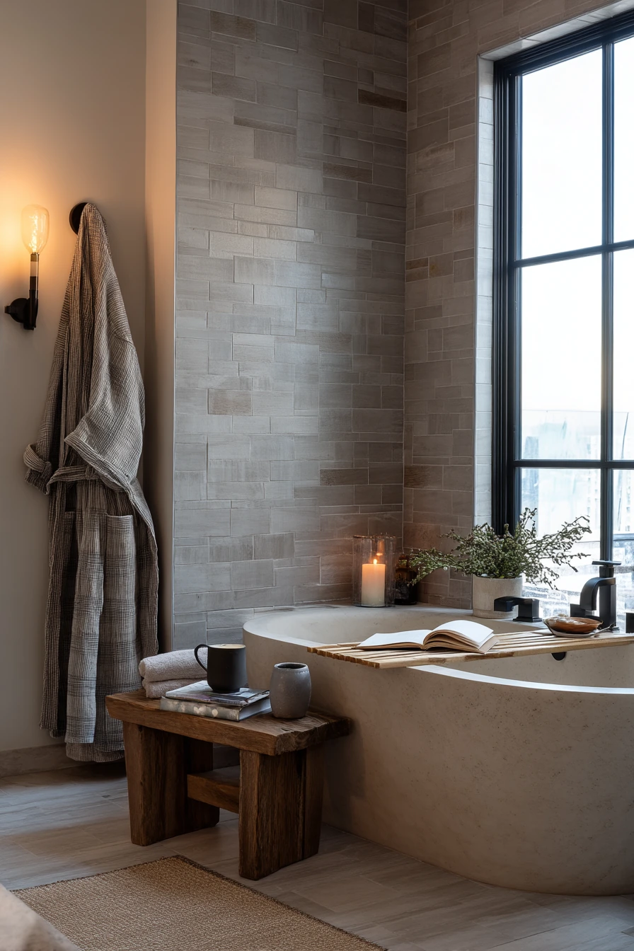 Spa-Like Soak with Black Tile and Cedar Warmth