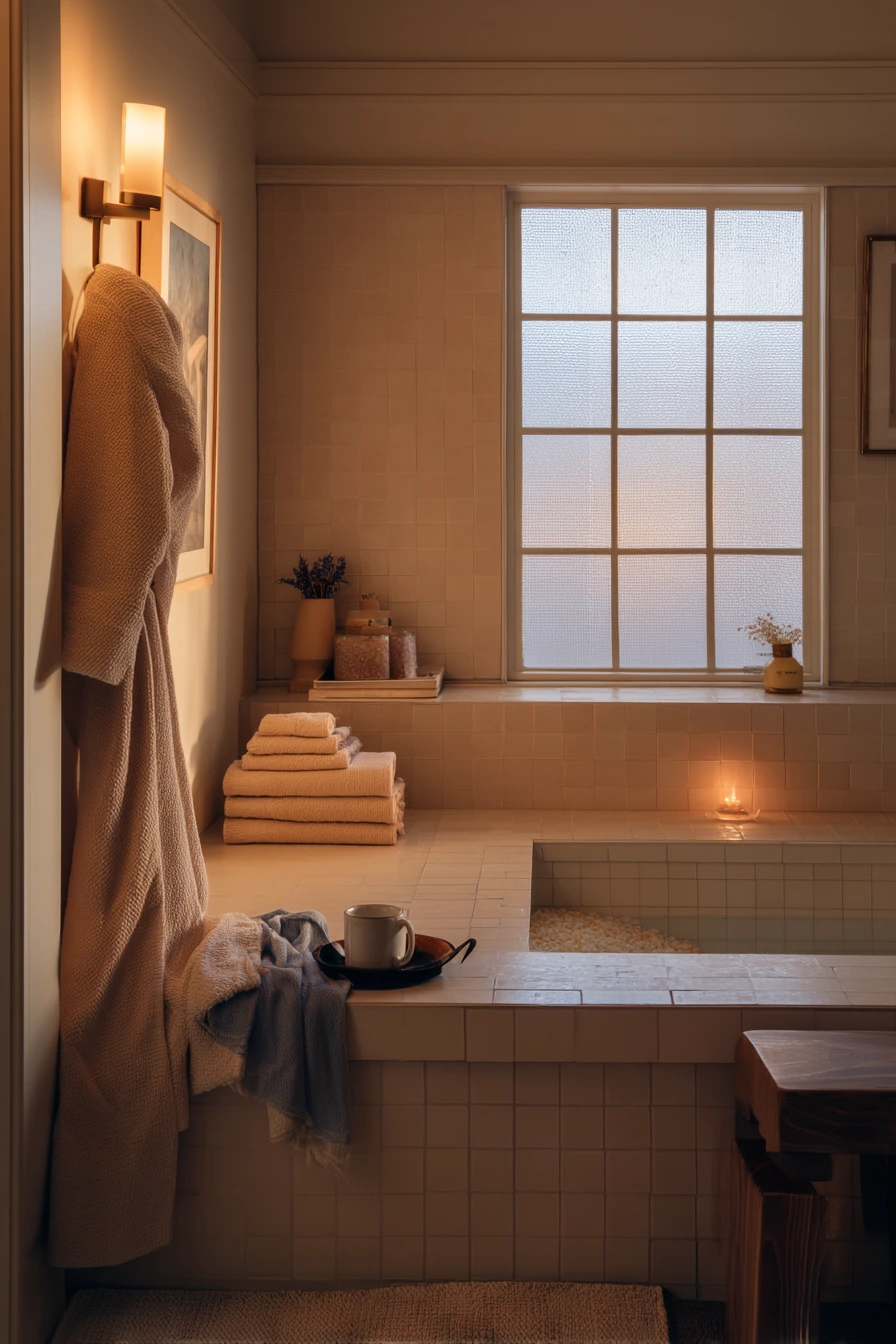 Spa-Like Soak with Black Tile and Cedar Warmth