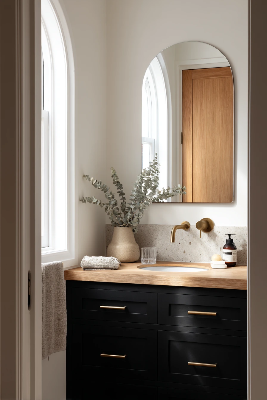 Morning Routine in a Black and Oak Primary Bath