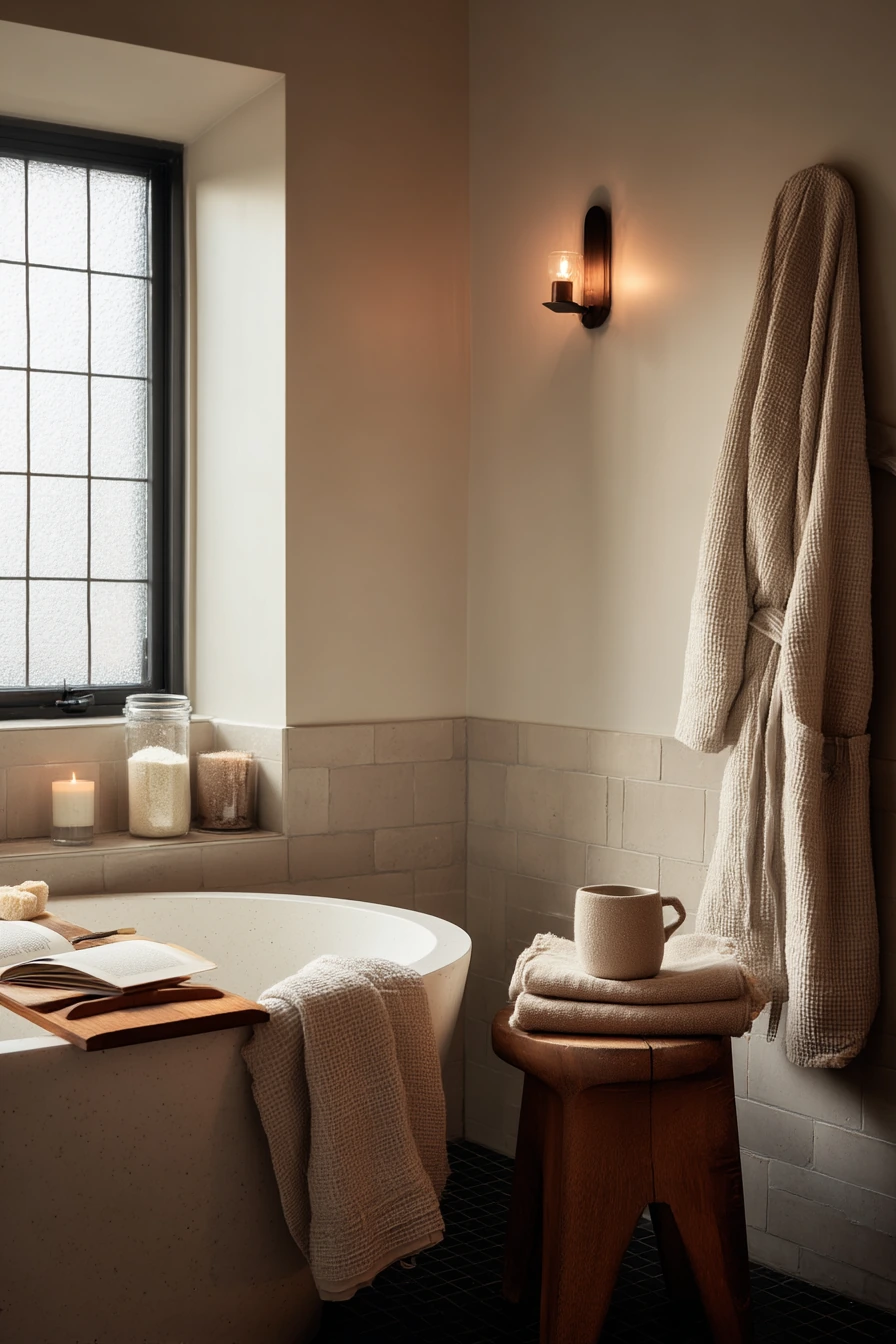 Spa-Like Soak with Black Tile and Cedar Warmth
