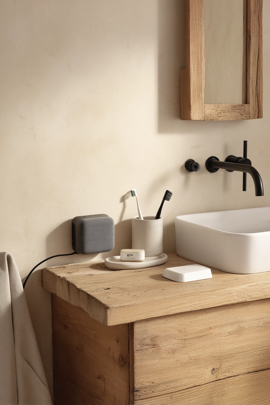 Minimal Sink Wall with Natural Wood Storage