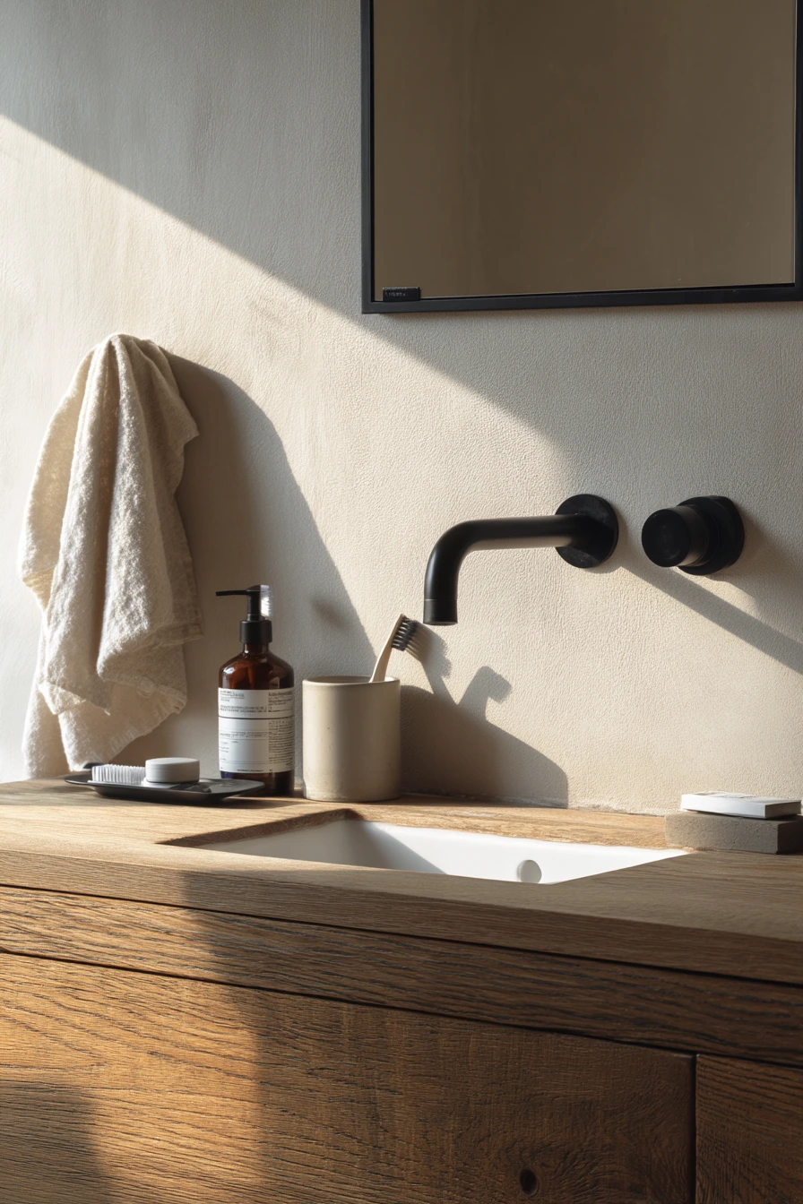 Minimal Sink Wall with Natural Wood Storage