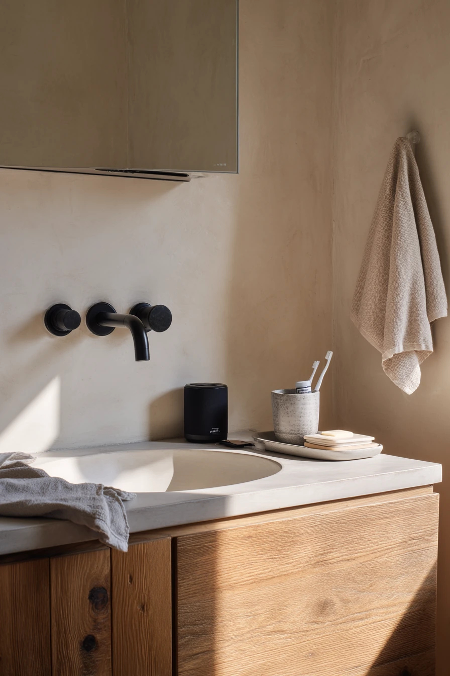 Minimal Sink Wall with Natural Wood Storage