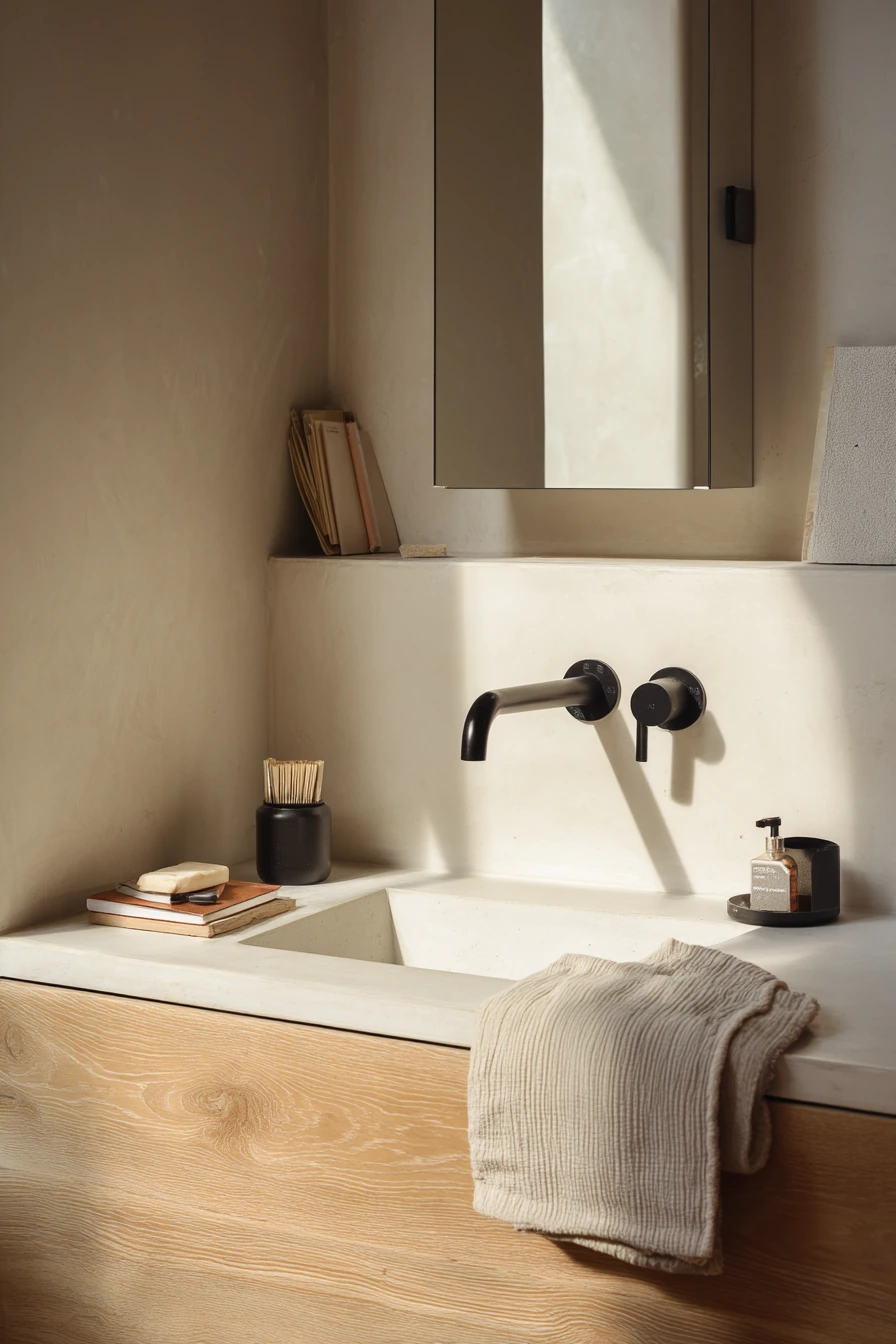Minimal Sink Wall with Natural Wood Storage