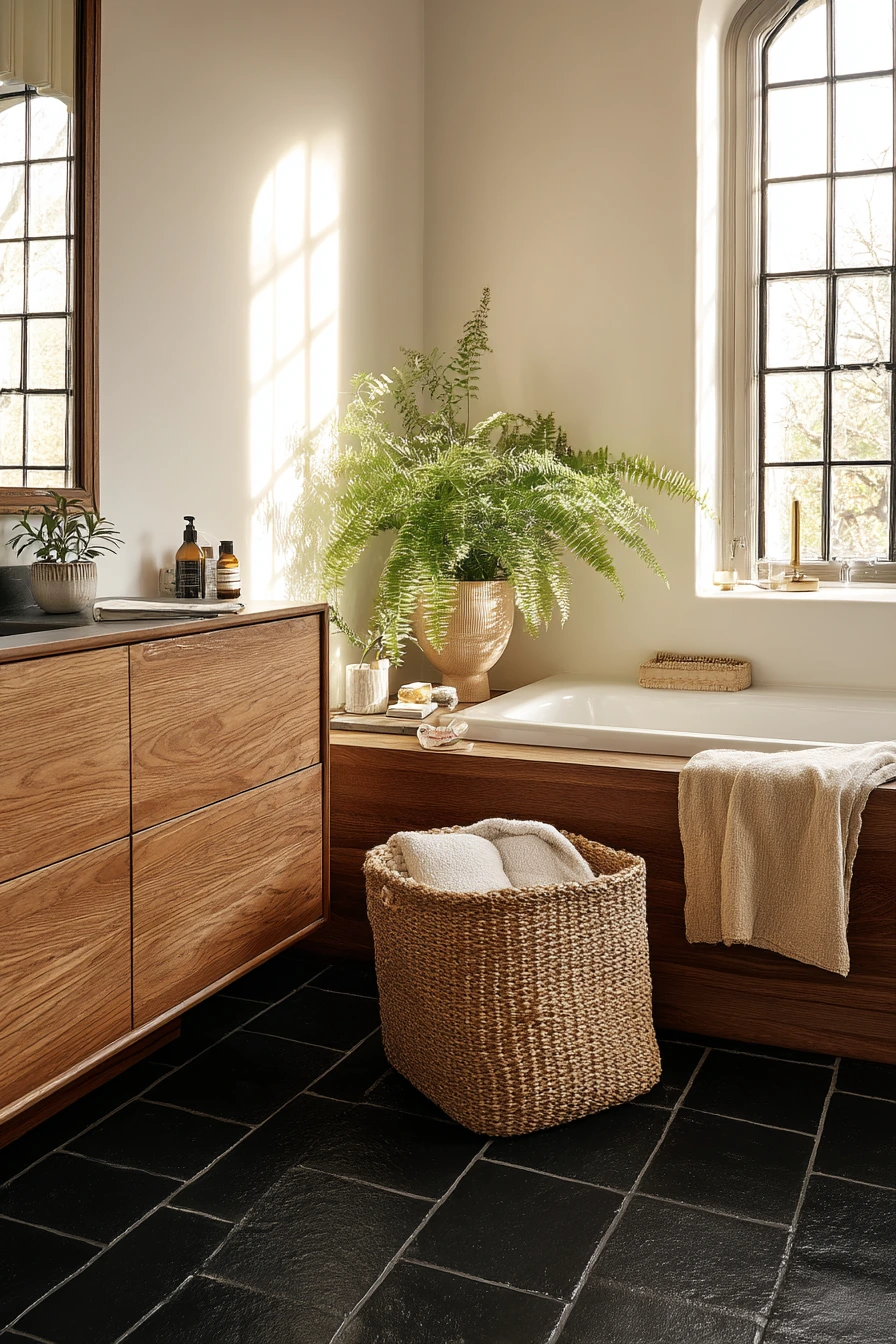 Soft Contrast Bathroom with Plants and Patina