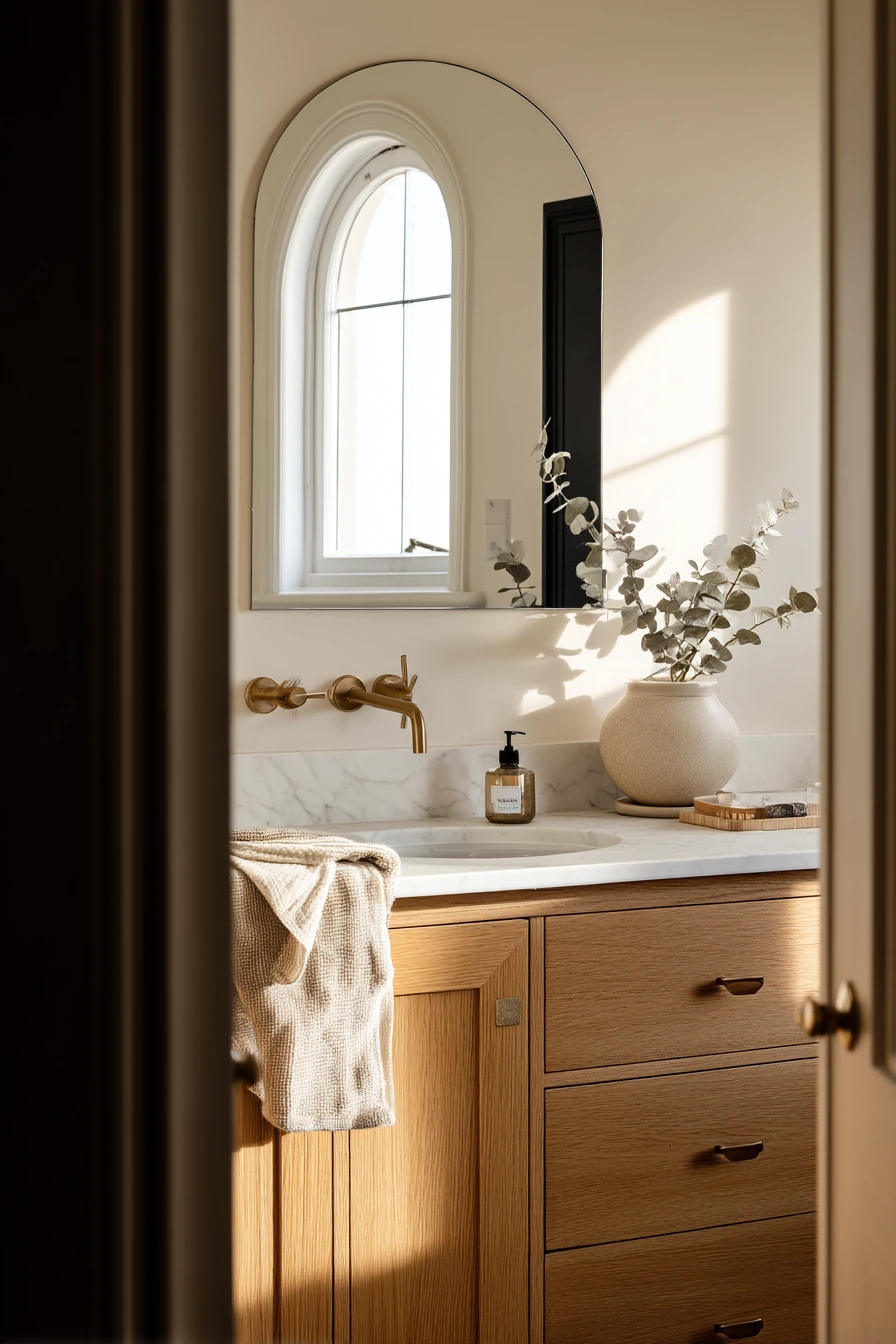 Morning Routine in a Black and Oak Primary Bath