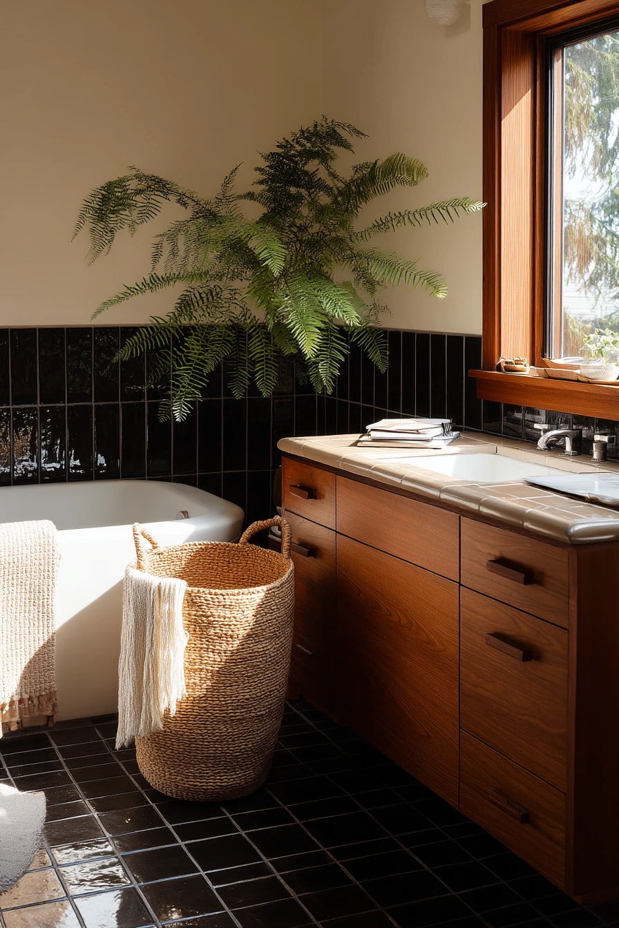 Soft Contrast Bathroom with Plants and Patina