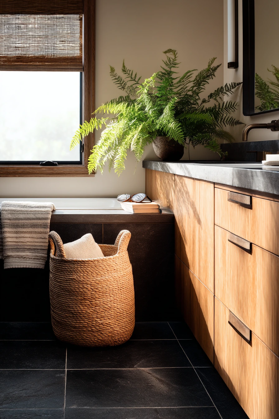 Soft Contrast Bathroom with Plants and Patina
