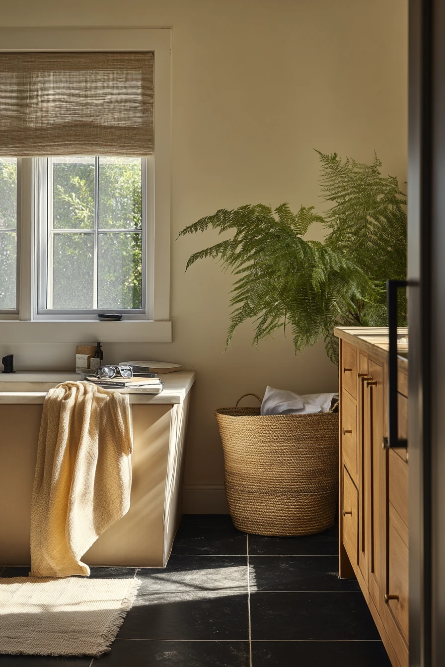 Soft Contrast Bathroom with Plants and Patina