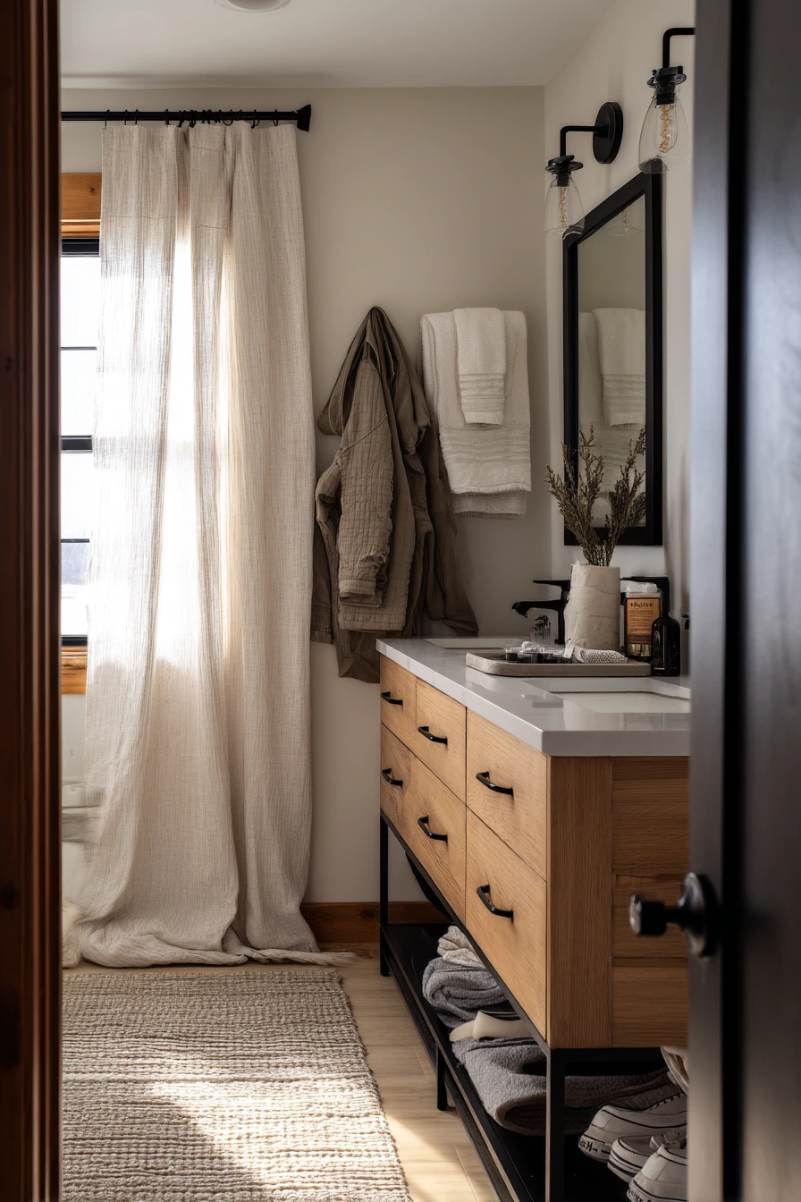Shared Bath with Black Storage and Oak Details