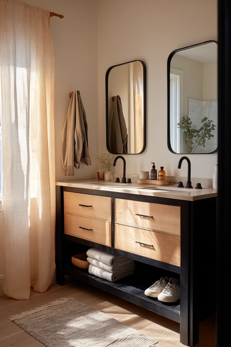 Shared Bath with Black Storage and Oak Details