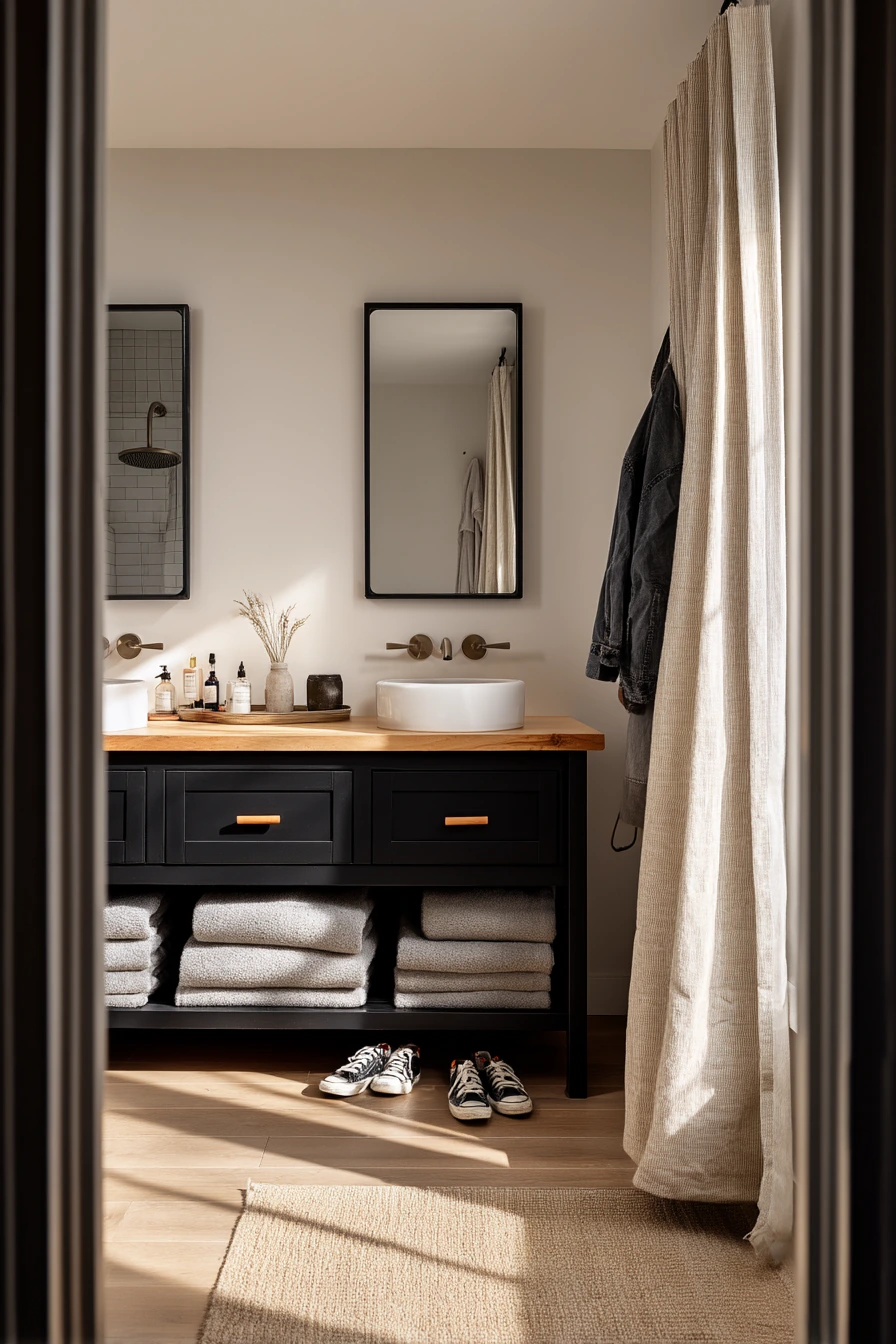 Shared Bath with Black Storage and Oak Details