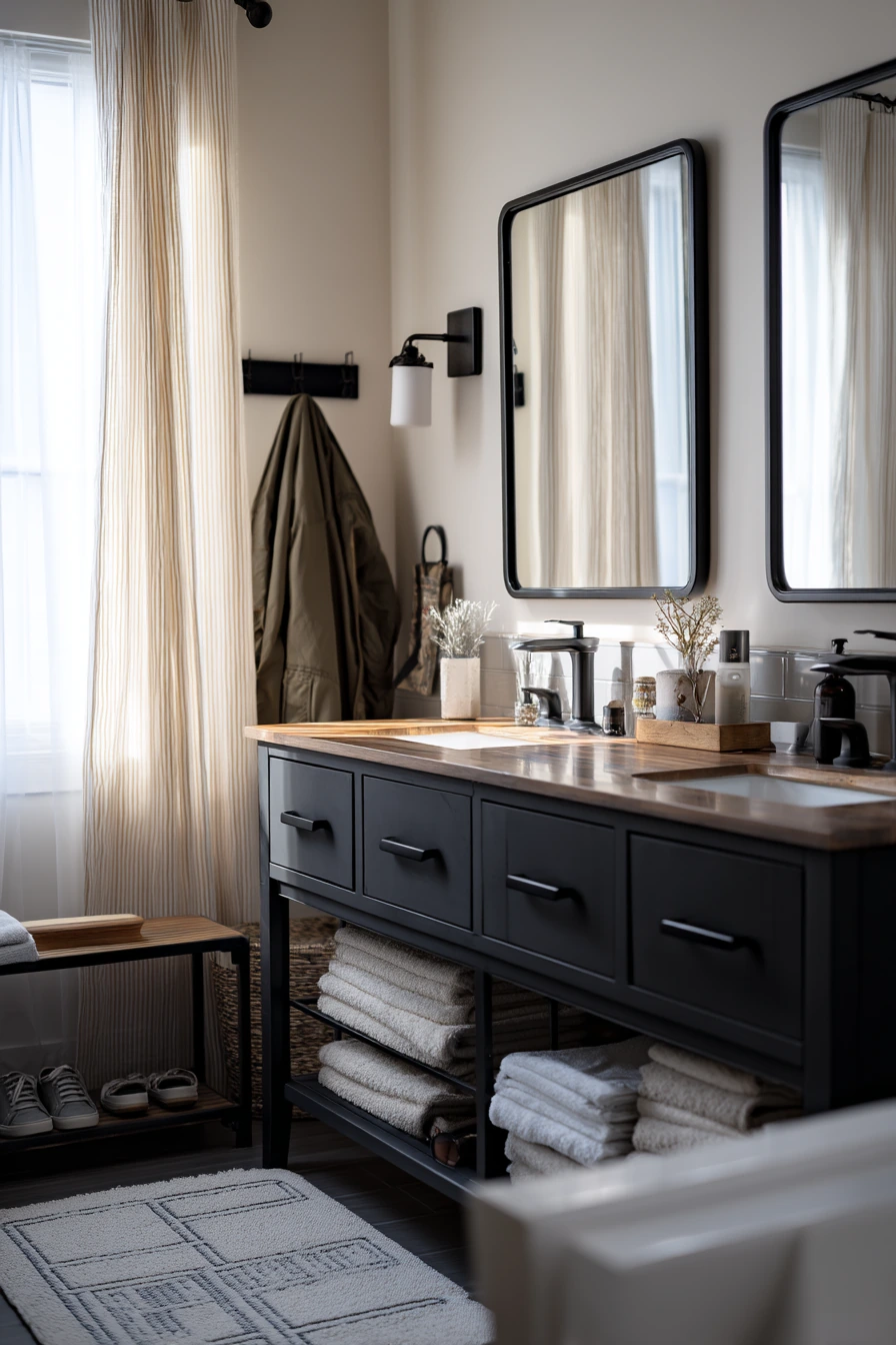 Shared Bath with Black Storage and Oak Details