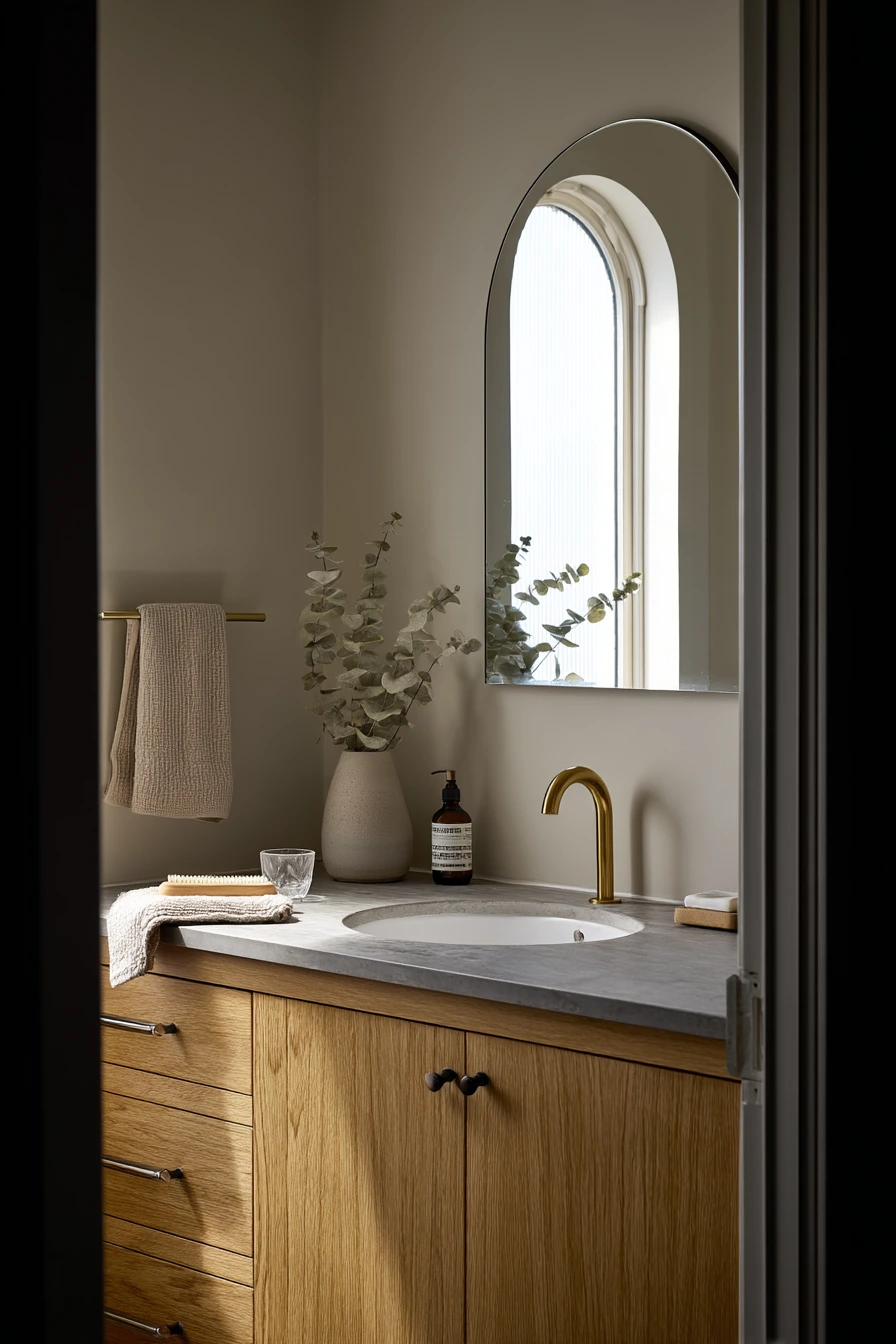 Morning Routine in a Black and Oak Primary Bath