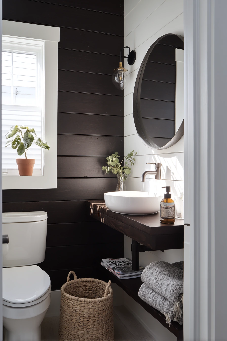 Small Guest Bath with Dark Wood and Soft Contrast