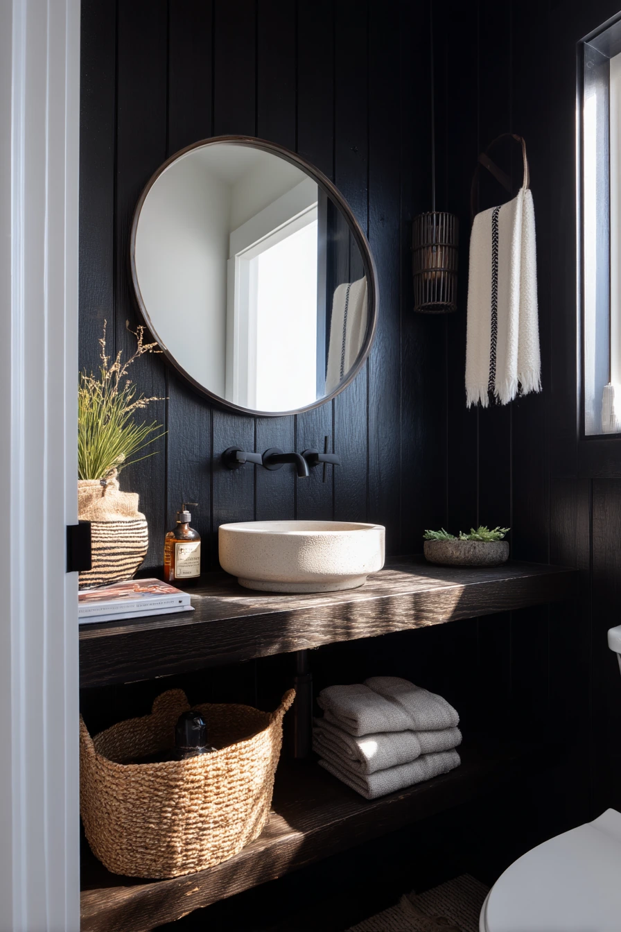 Small Guest Bath with Dark Wood and Soft Contrast