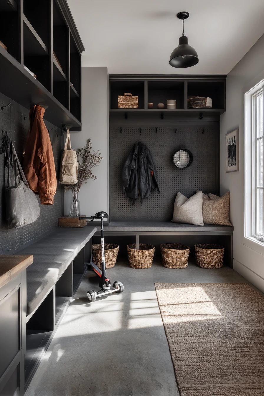 Family Garage Mudroom with Matte Black Storage