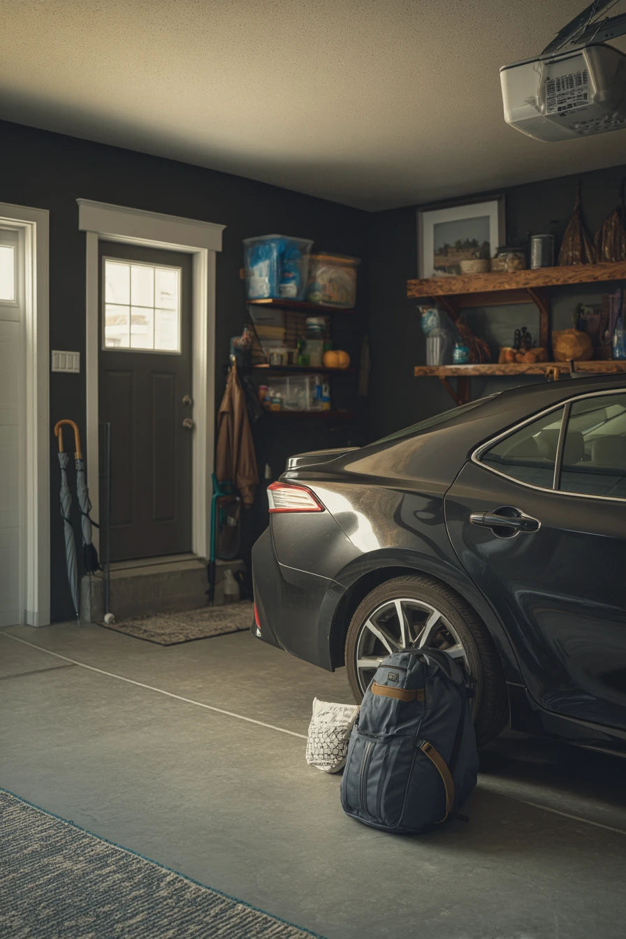 Moody Black Garage with Car and Storage Wall