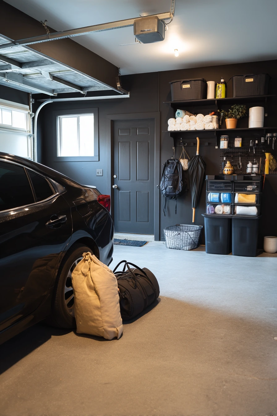 Moody Black Garage with Car and Storage Wall