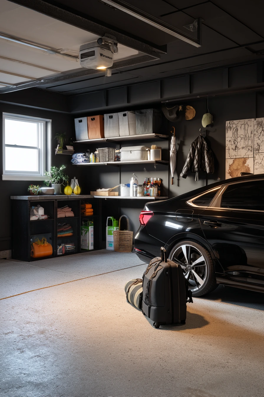 Moody Black Garage with Car and Storage Wall
