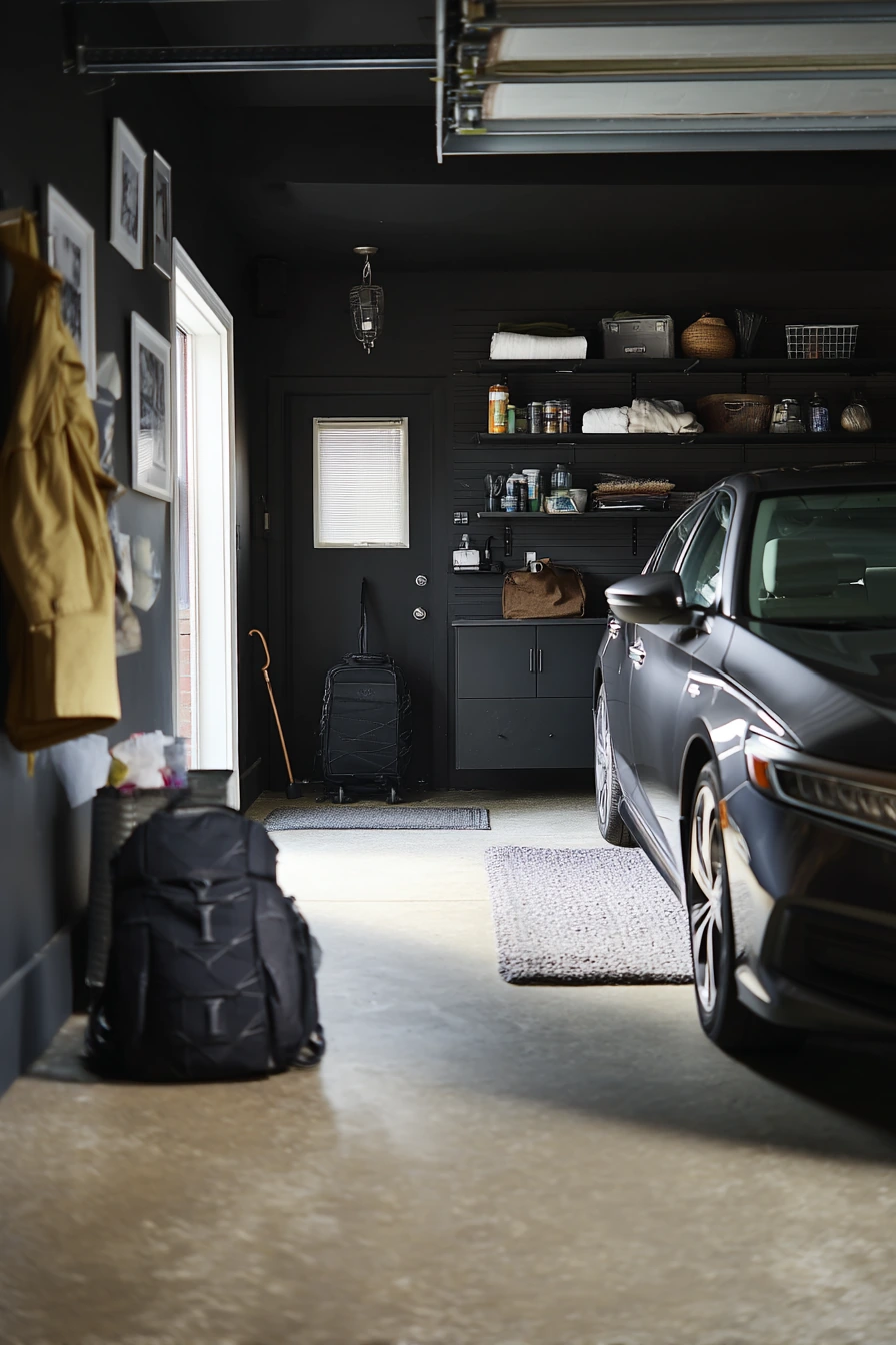 Moody Black Garage with Car and Storage Wall