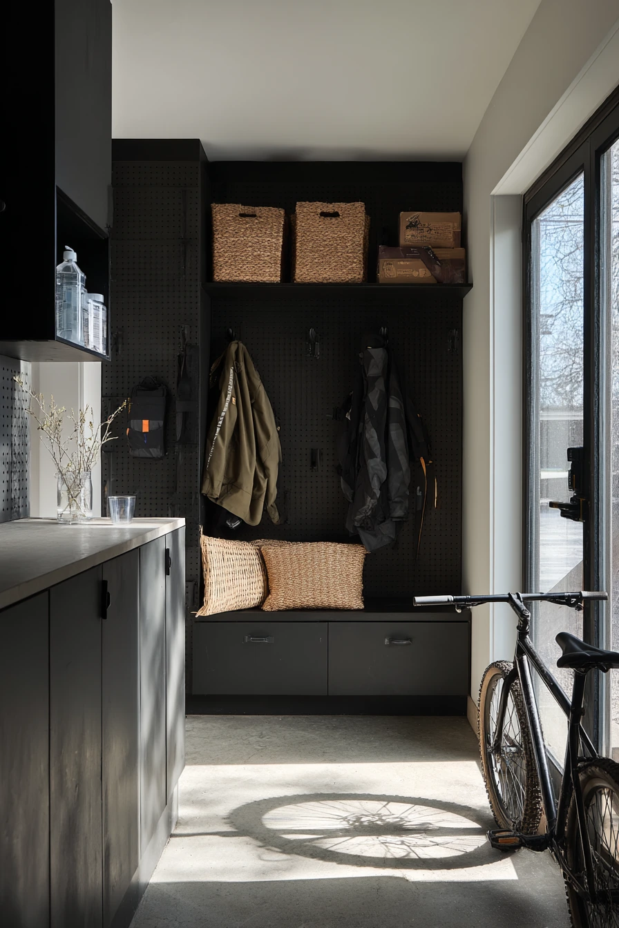 Family Garage Mudroom with Matte Black Storage