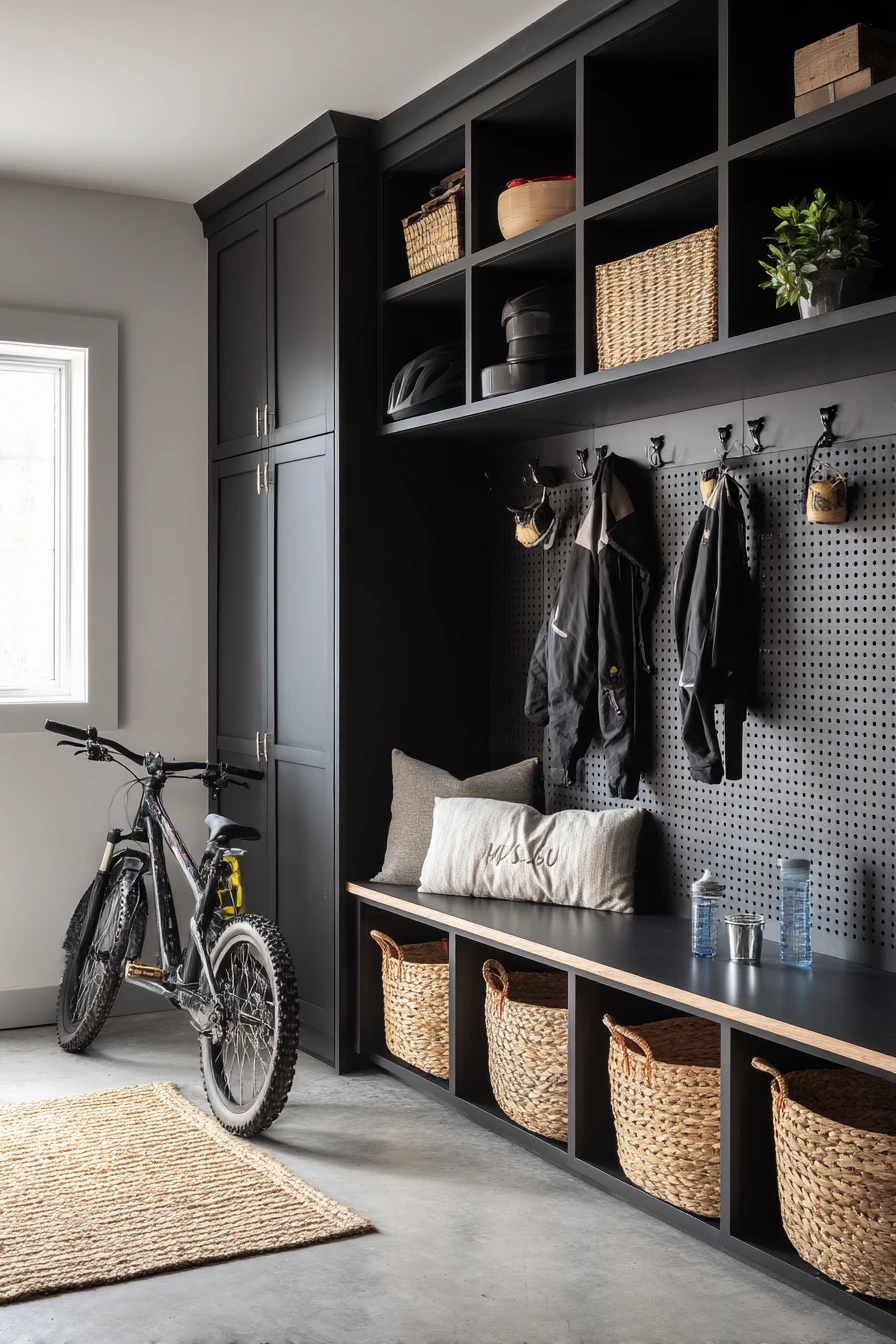 Family Garage Mudroom with Matte Black Storage