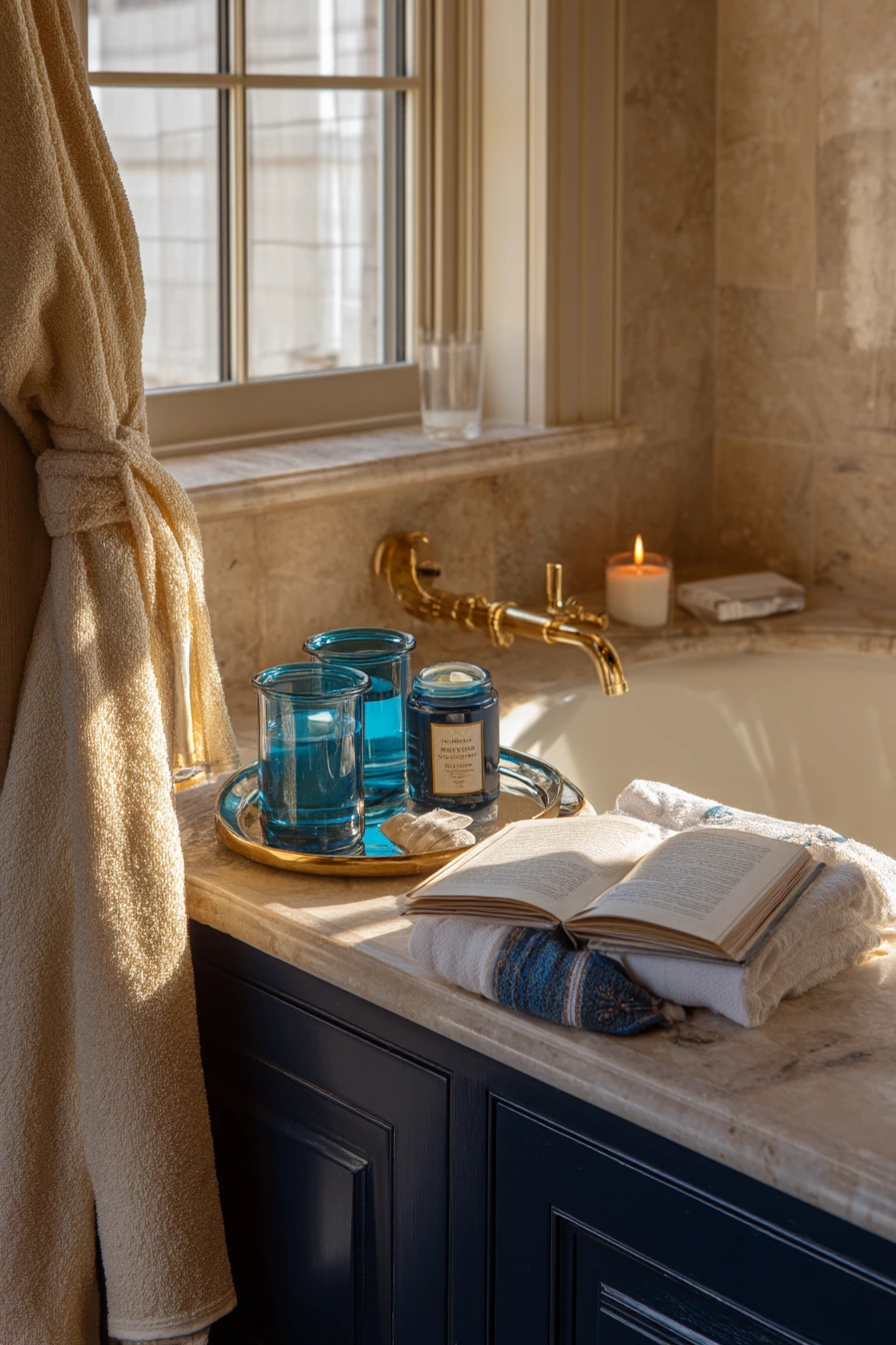 Spa-Like En Suite with Navy and Brass Accents