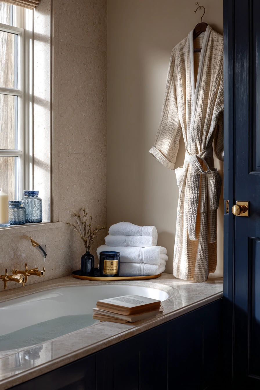 Spa-Like En Suite with Navy and Brass Accents