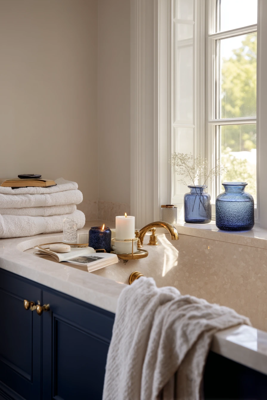 Spa-Like En Suite with Navy and Brass Accents