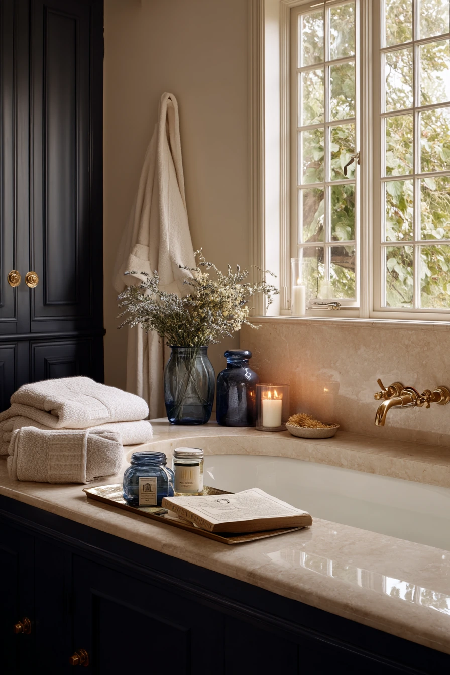 Spa-Like En Suite with Navy and Brass Accents