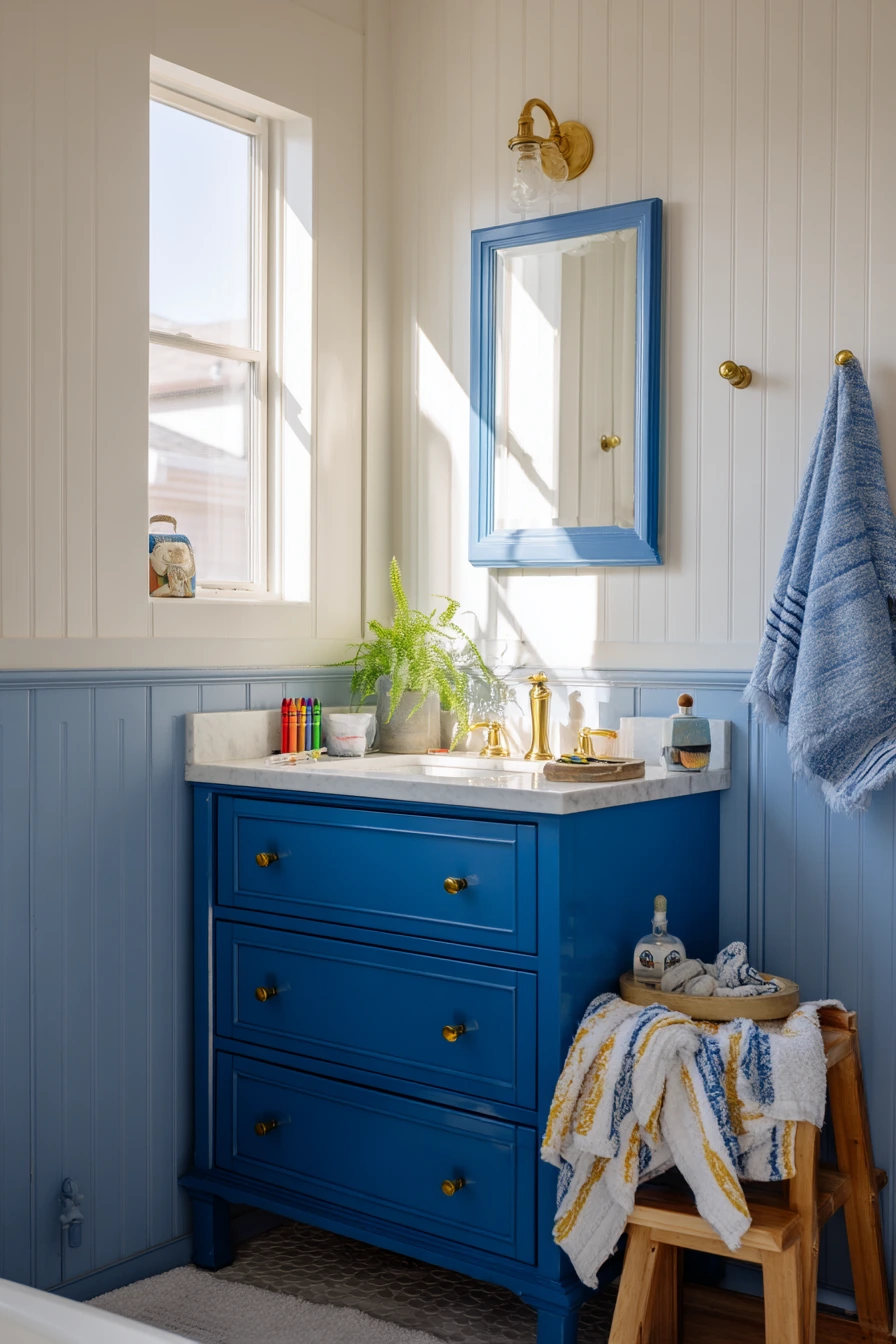 Small Family Bath with Clever Blue Storage