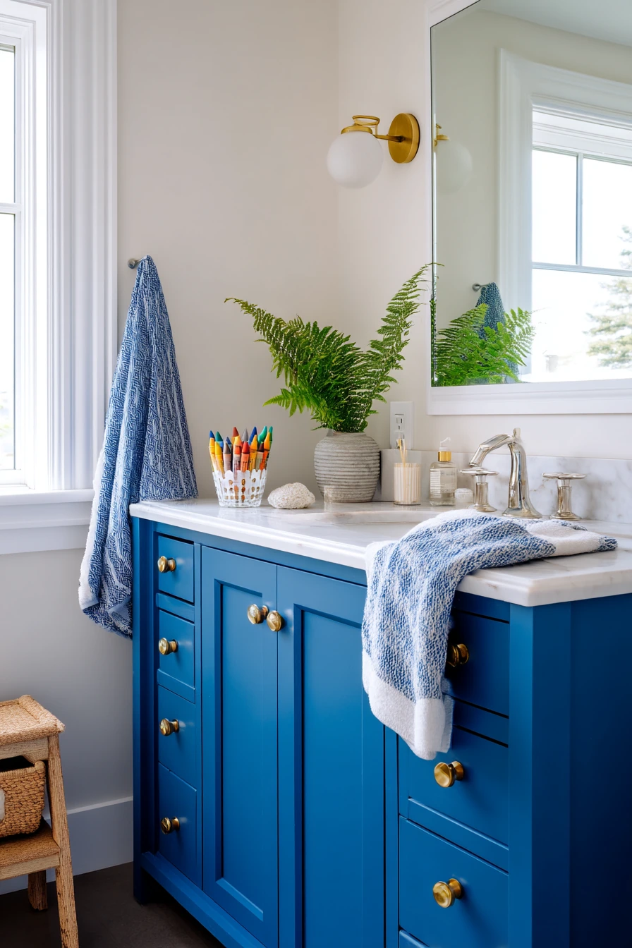 Small Family Bath with Clever Blue Storage